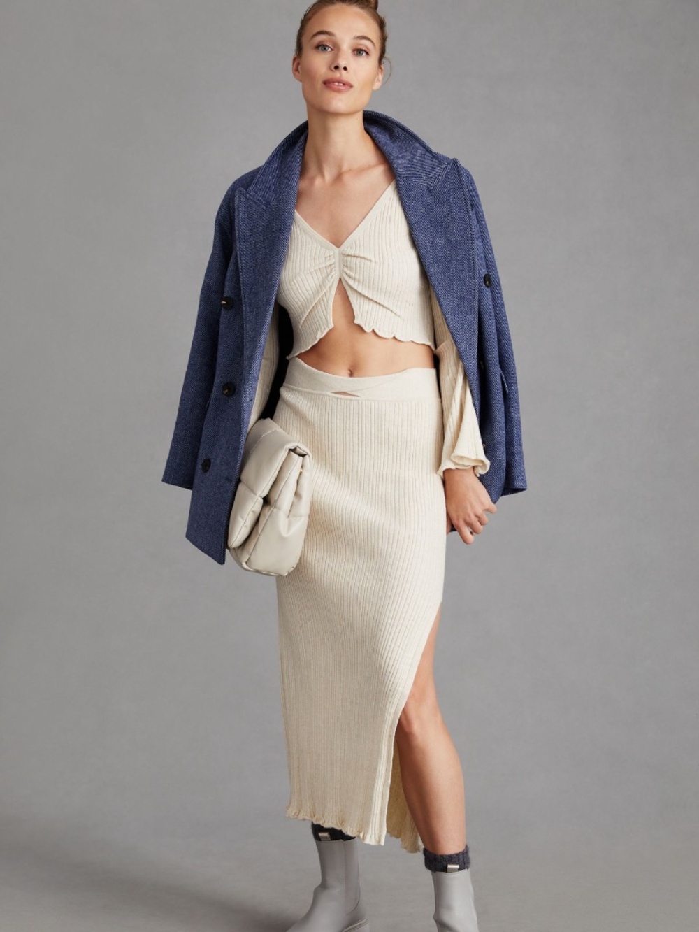 NWT Daily Practice Anthropologie Beige Ribbed Tara Twist Top Maxi Skirt Set XL